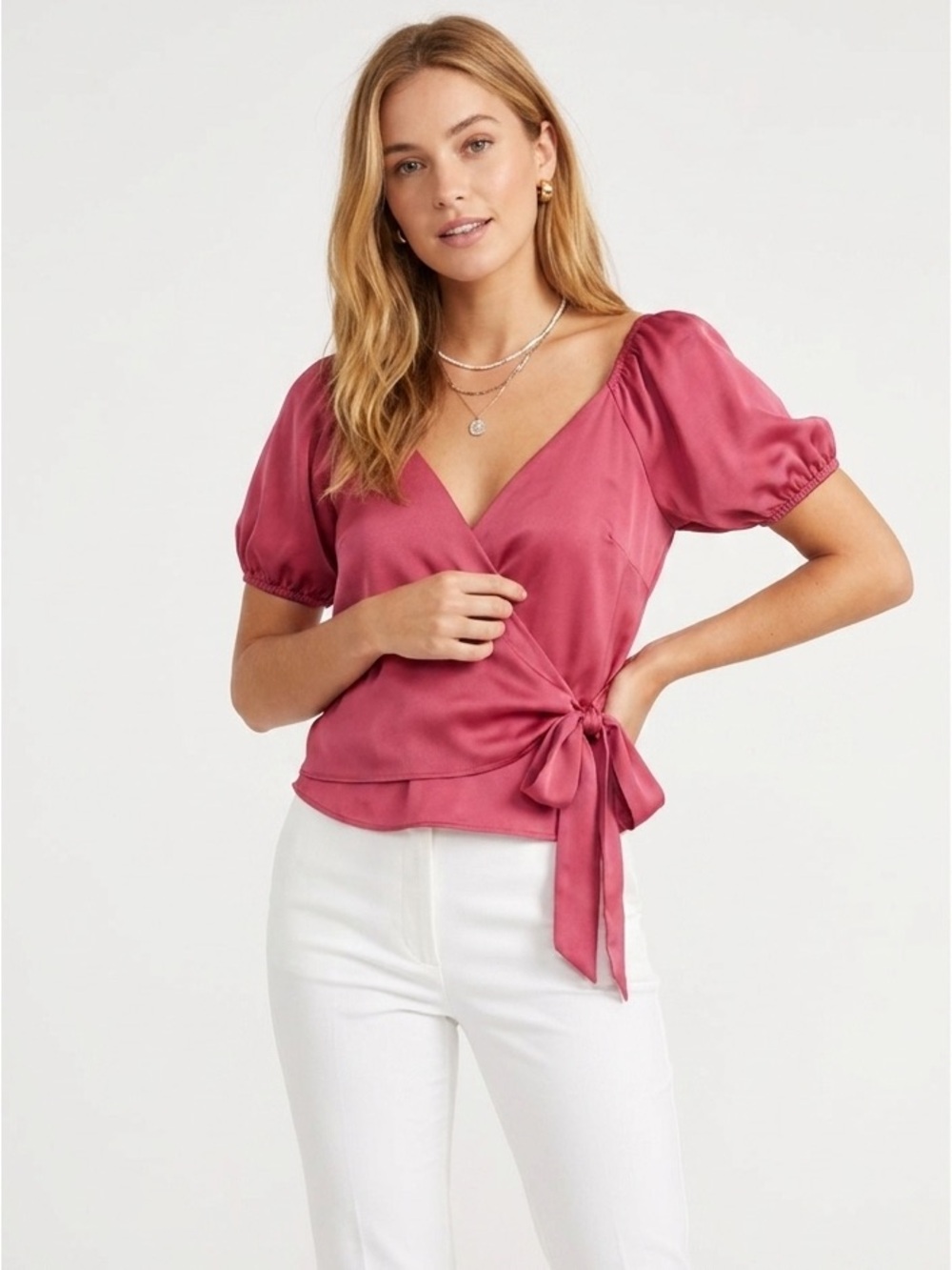 NWT WAYF Wrap Top In Cerise Pink Size Medium Satiny Short Sleeve